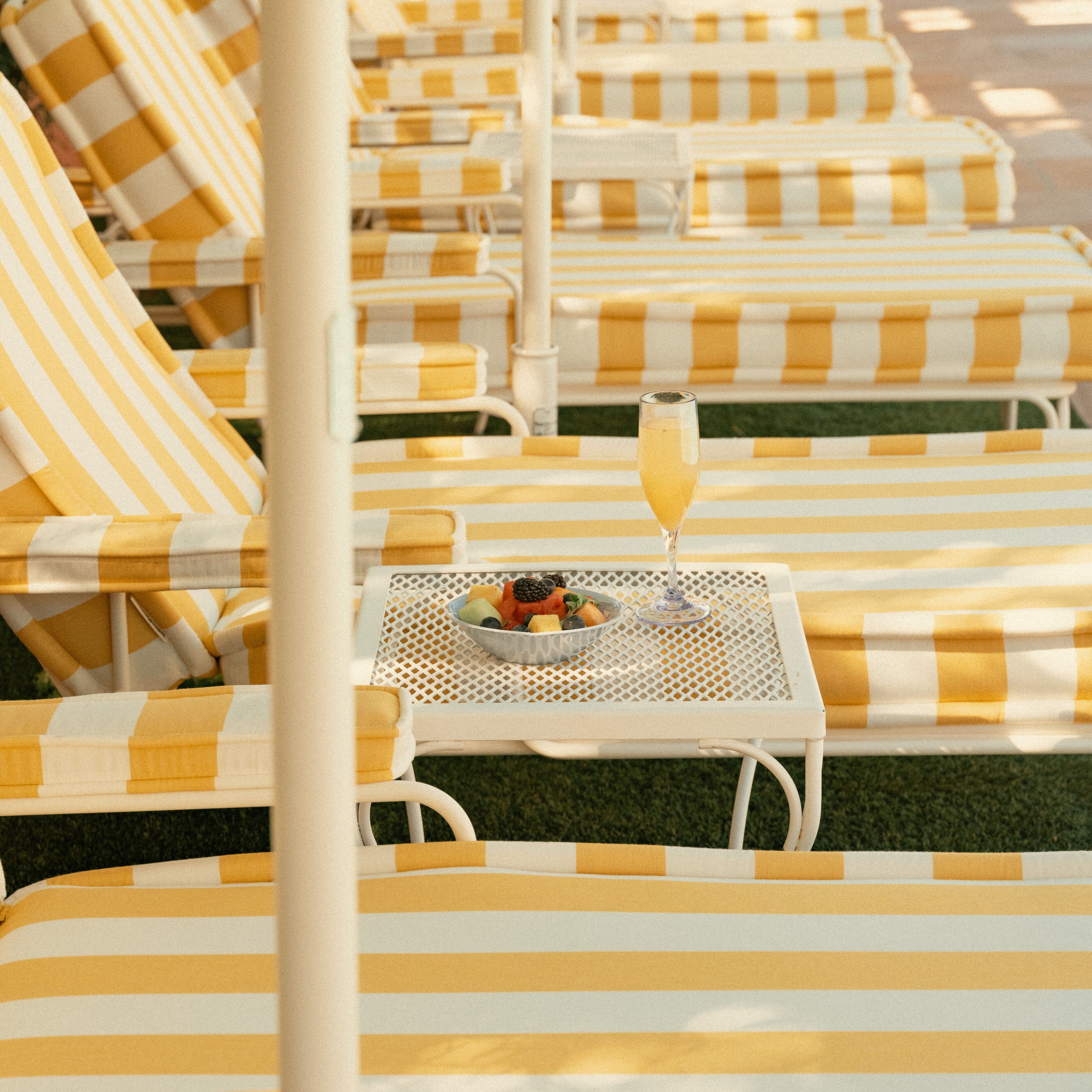 The Waterhouse Sun Lounger in Crew Mimosa Yellow Stripe | Antique White Frame Bundle Business & Pleasure Co. 