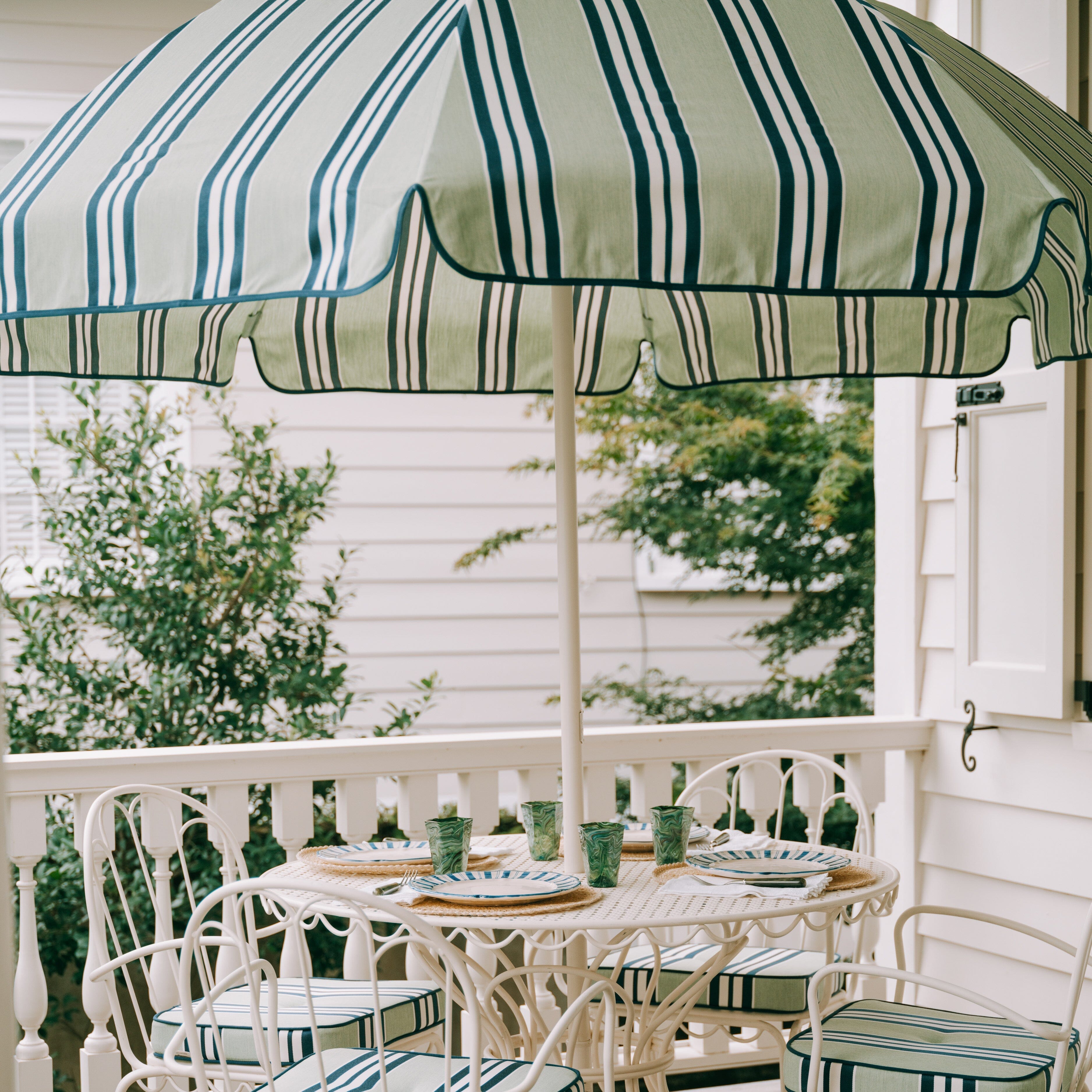 The Patio Umbrella x Julia Berolzheimer in Green Stripes Patio Umbrella B&P Co. x Julia Berolzheimer 