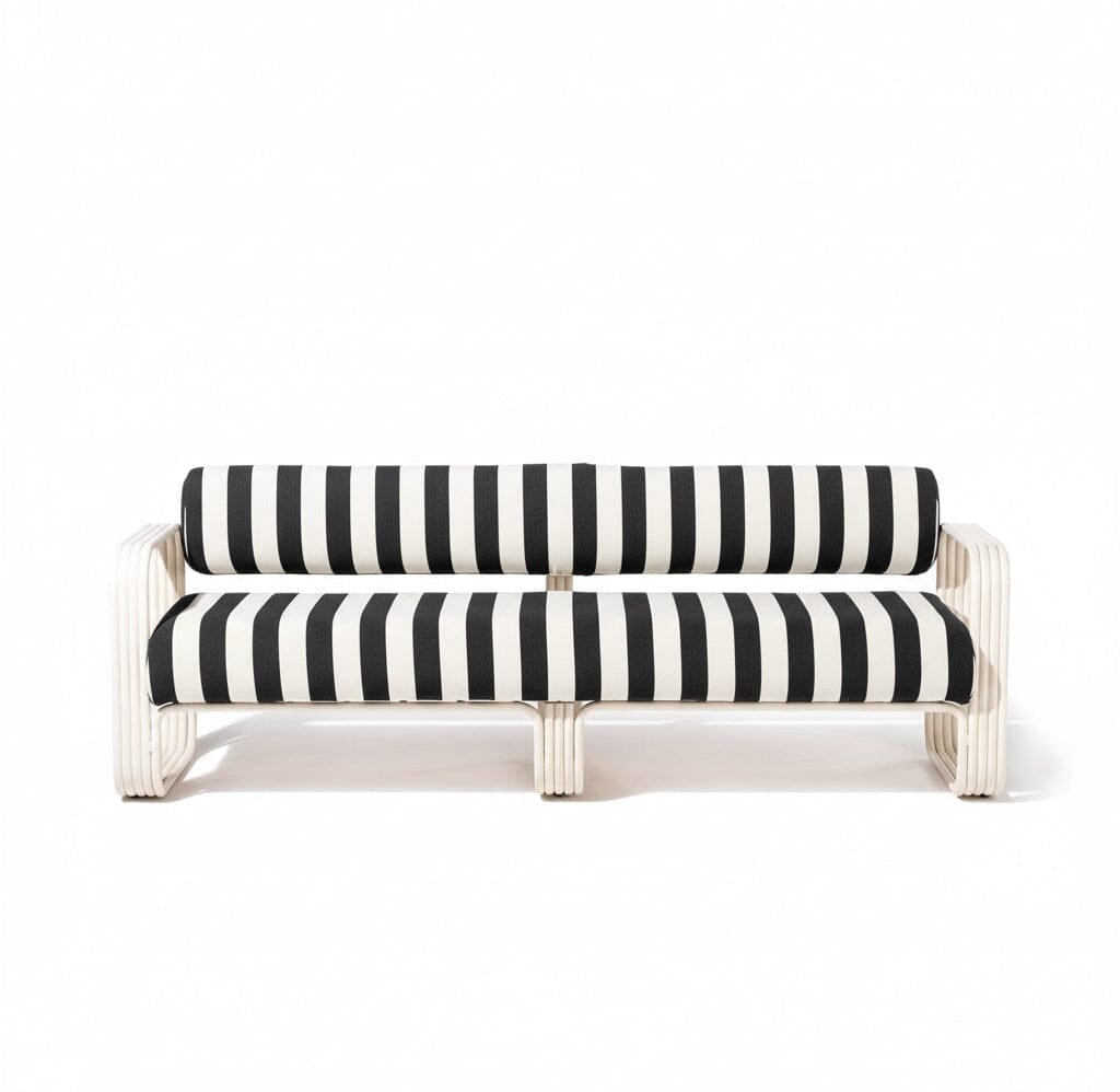 Product image of Sofa with black and white striped cushions on a white background