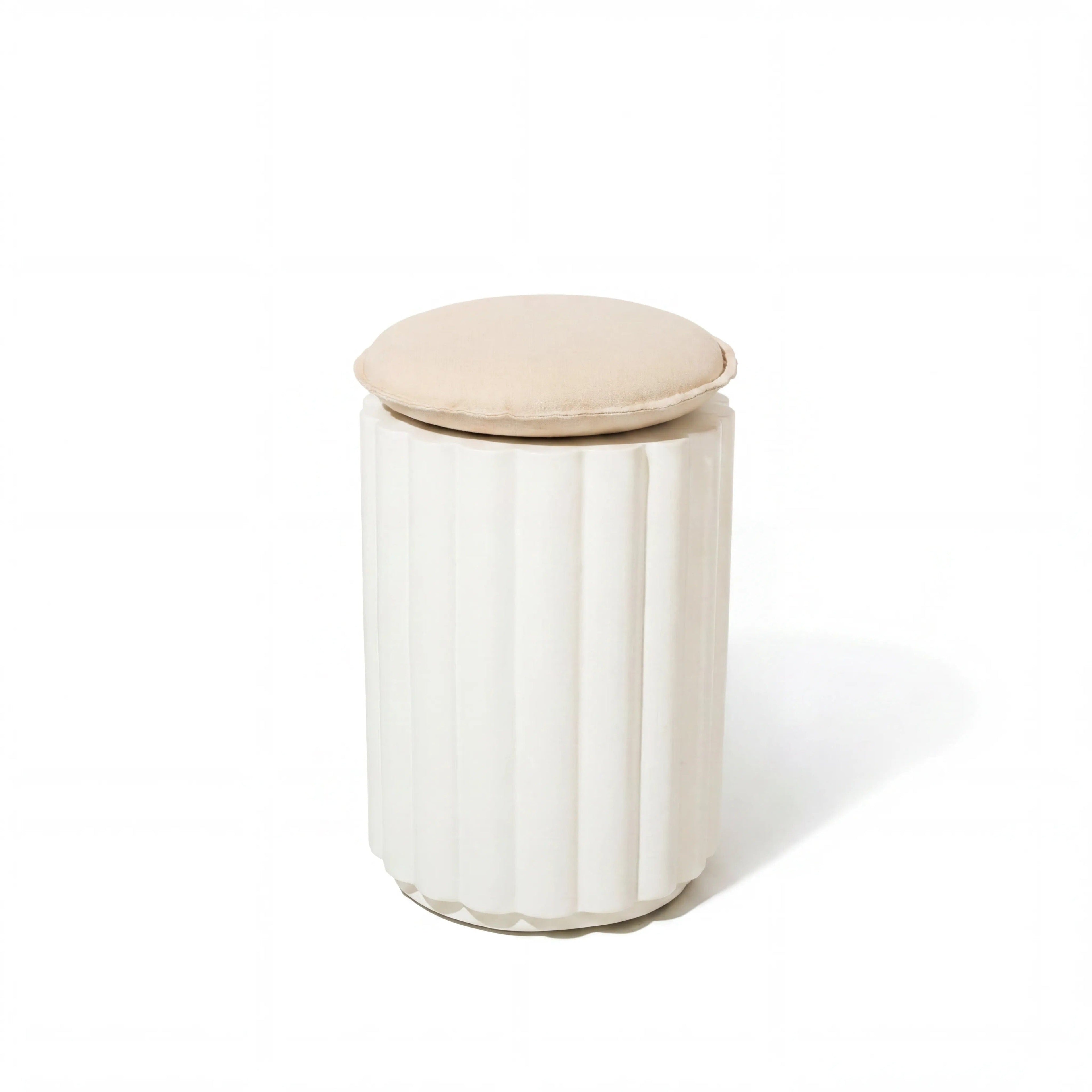 Daisy Stool in cement white base with tiki natural sand cushion seat