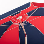 Red and navy beach umbrella with hinged pole detail on a white background