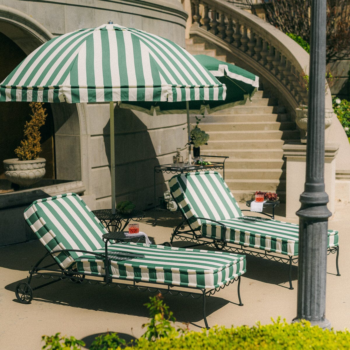 The Al Fresco Sun Lounger in Crew Canyon Green Stripe | Vintage Black Frame Bundle Business & Pleasure Co. 