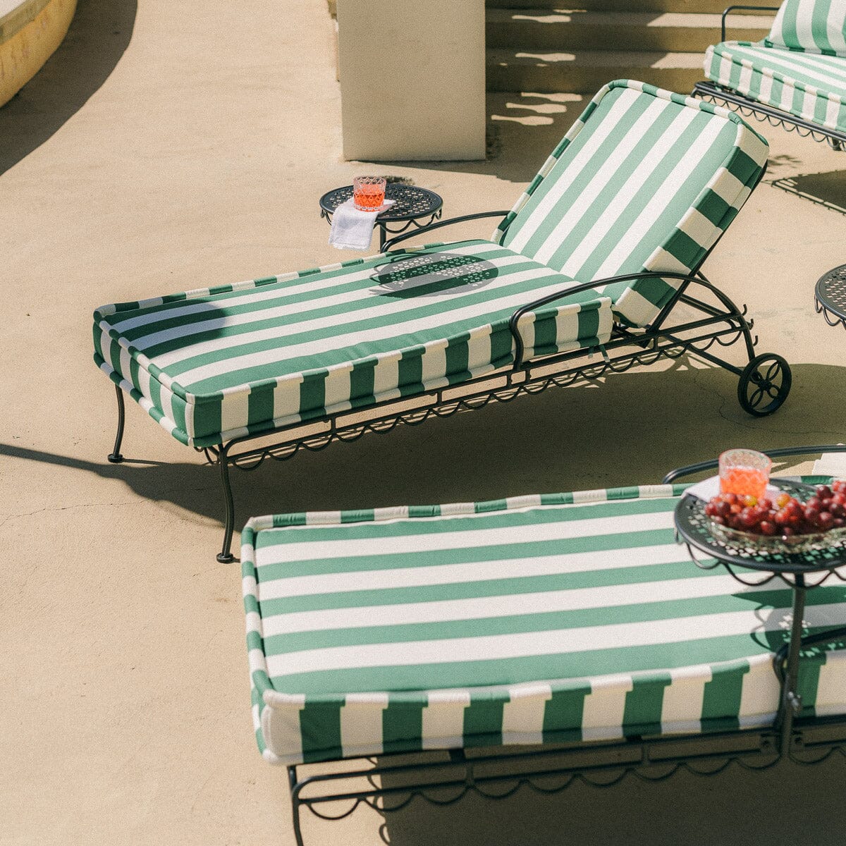 The Al Fresco Sun Lounger in Crew Canyon Green Stripe | Vintage Black Frame Bundle Business & Pleasure Co. 