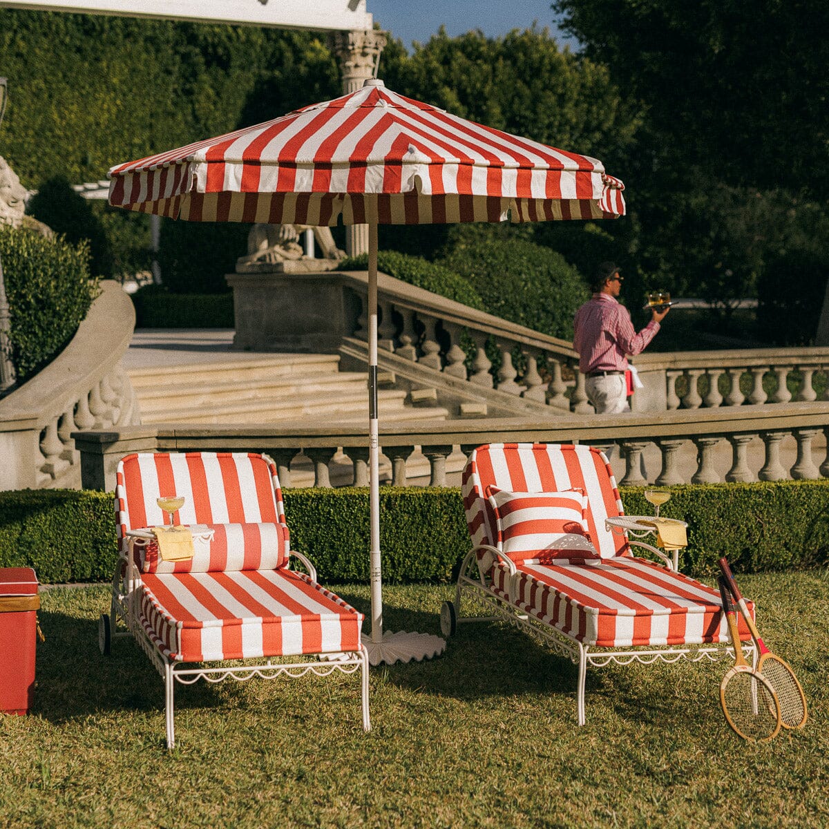 The Al Fresco Sun Lounger in Crew Le Sirenuse Stripe | Antique White Frame Bundle Business & Pleasure Co. 