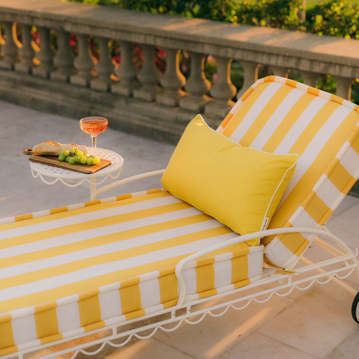 The Al Fresco Sun Lounger in Crew Mimosa Yellow Stripe | Antique White Frame Bundle Business & Pleasure Co. 