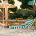 The Al Fresco Sun Lounger in Crew Canyon Green Stripe | Antique White Frame Bundle Business & Pleasure Co. 