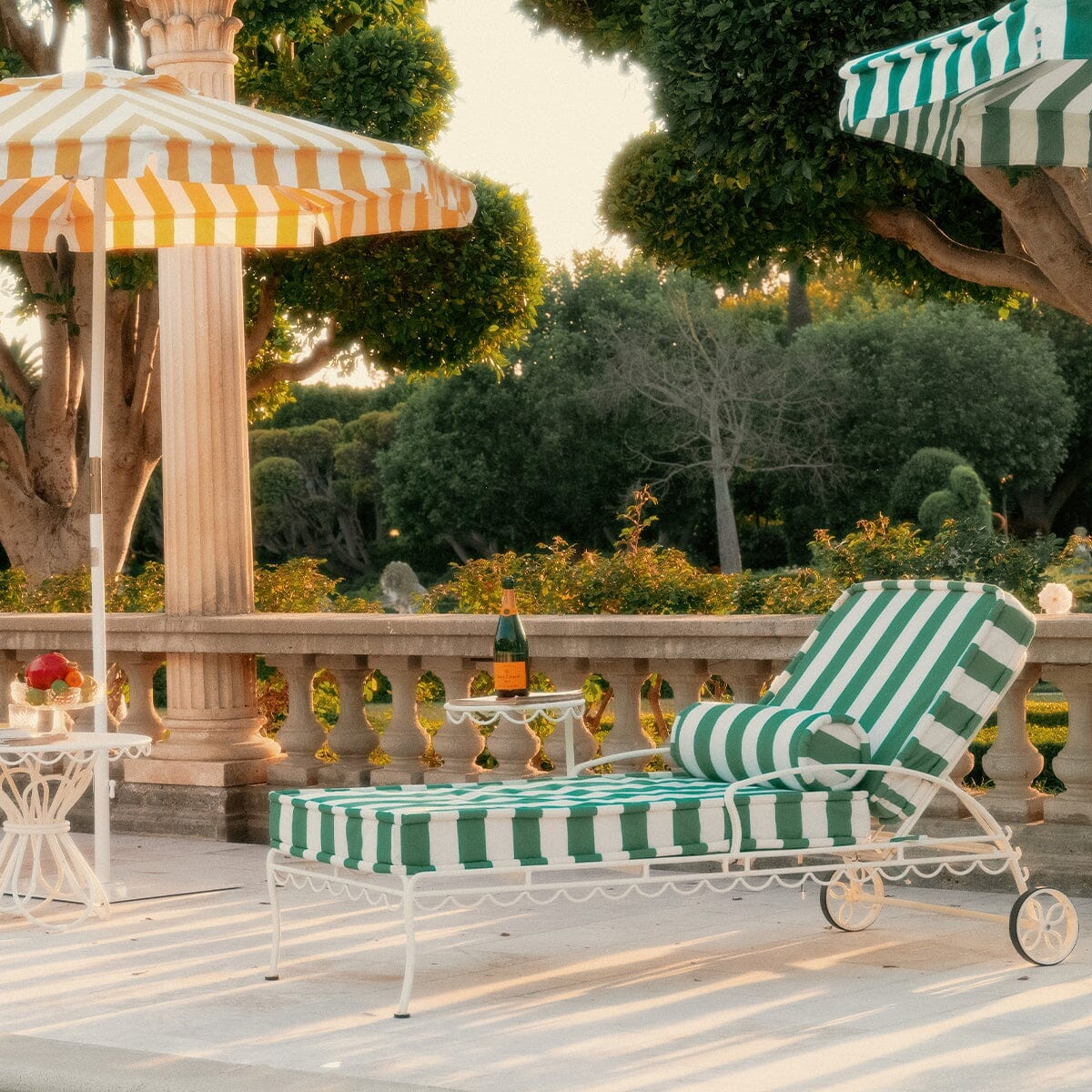 The Al Fresco Sun Lounger in Crew Canyon Green Stripe | Antique White Frame Bundle Business & Pleasure Co. 