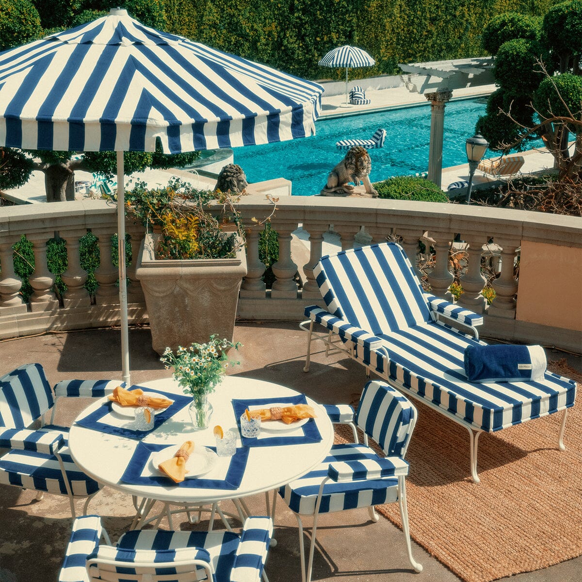 The Waterhouse Sun Lounger in Crew Mediterranean Blue Stripe | Antique White Frame