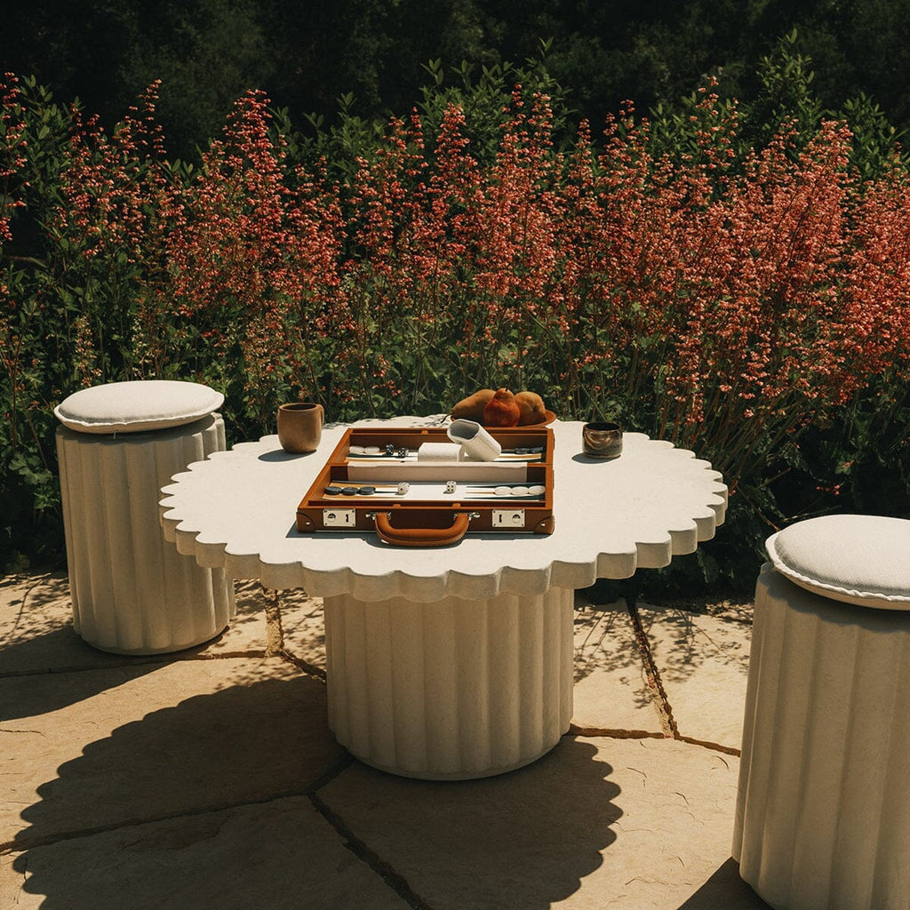 The Daisy Stool - Antique White with Sandstone Cushion Lifestyle Image | Business & Pleasure Co. | Home Furniture