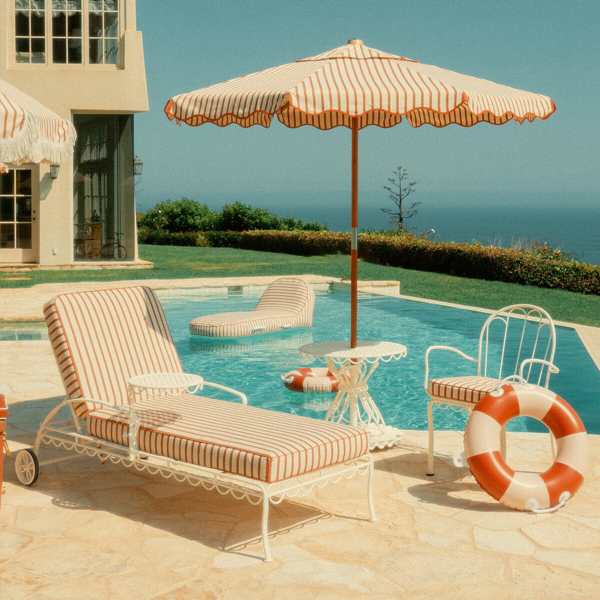 The Al Fresco Sun Lounger in Monaco Le Sirenuse Stripe | Antique White Frame Bundle Business & Pleasure Co. 