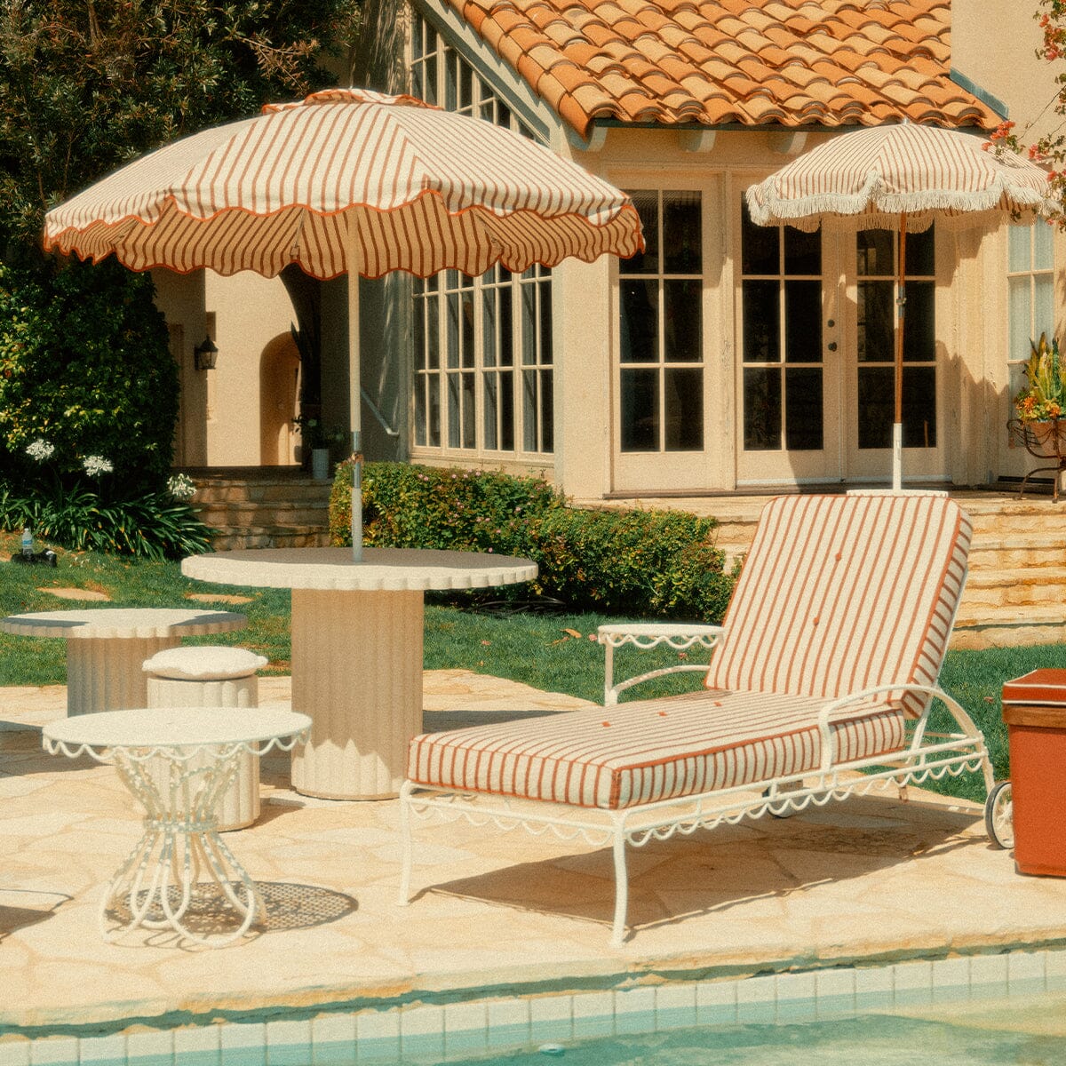 The Al Fresco Sun Lounger in Monaco Le Sirenuse Stripe | Antique White Frame Bundle Business & Pleasure Co. 