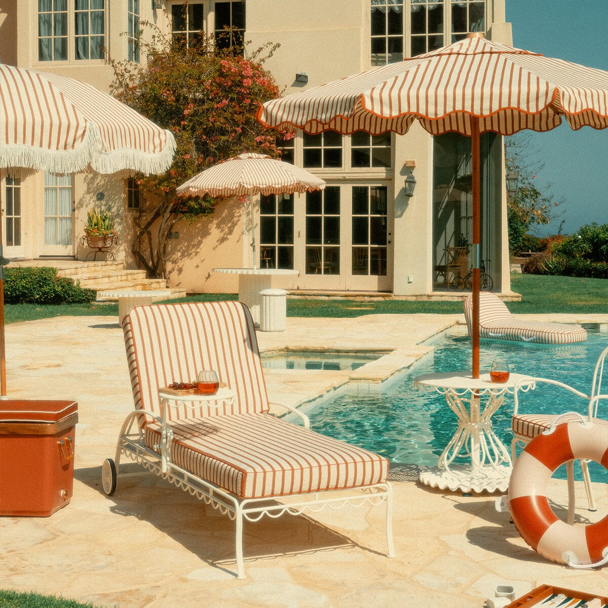 The Al Fresco Sun Lounger in Monaco Le Sirenuse Stripe | Antique White Frame Bundle Business & Pleasure Co. 