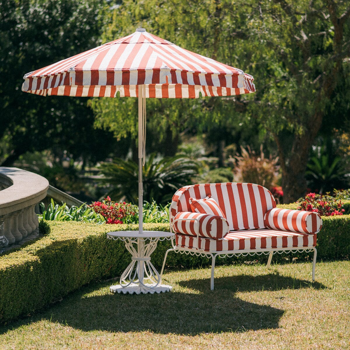 The Al Fresco Love Seat in Crew Le Sirenuse Stripe | Antique White Frame Bundle Business & Pleasure Co. 