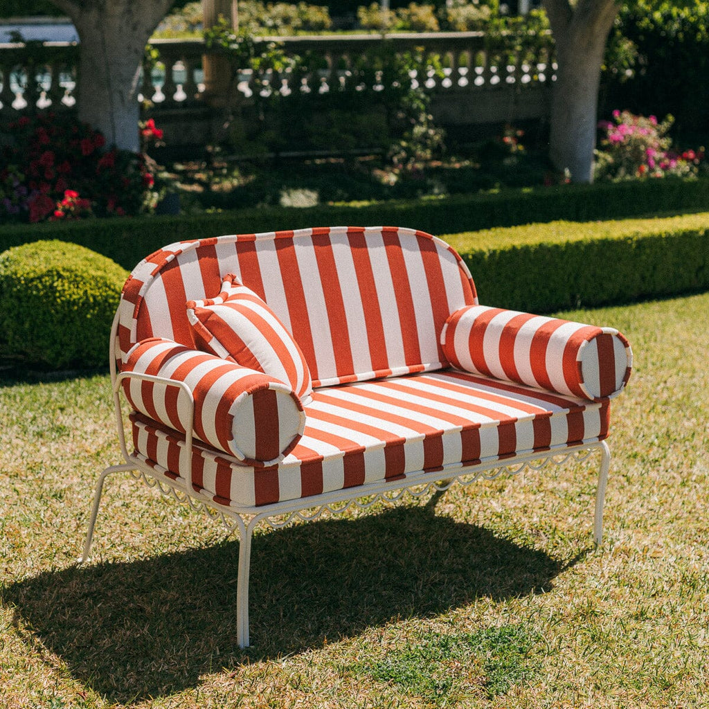 The Al Fresco Love Seat in Crew Le Sirenuse Stripe | Antique White Frame Bundle Business & Pleasure Co. 