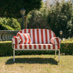 The Al Fresco Love Seat in Crew Le Sirenuse Stripe | Antique White Frame Bundle Business & Pleasure Co. 