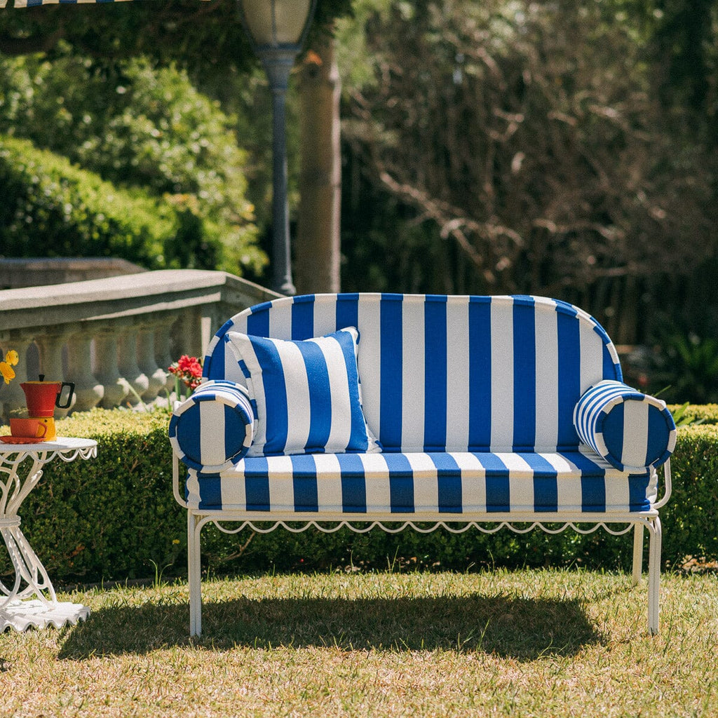 The Al Fresco Love Seat in Crew Mediterranean Blue Stripe | Antique White Frame Bundle Business & Pleasure Co. 