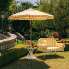 The Al Fresco Love Seat in Crew Mimosa Yellow Stripe | Antique White Frame Bundle Business & Pleasure Co. 