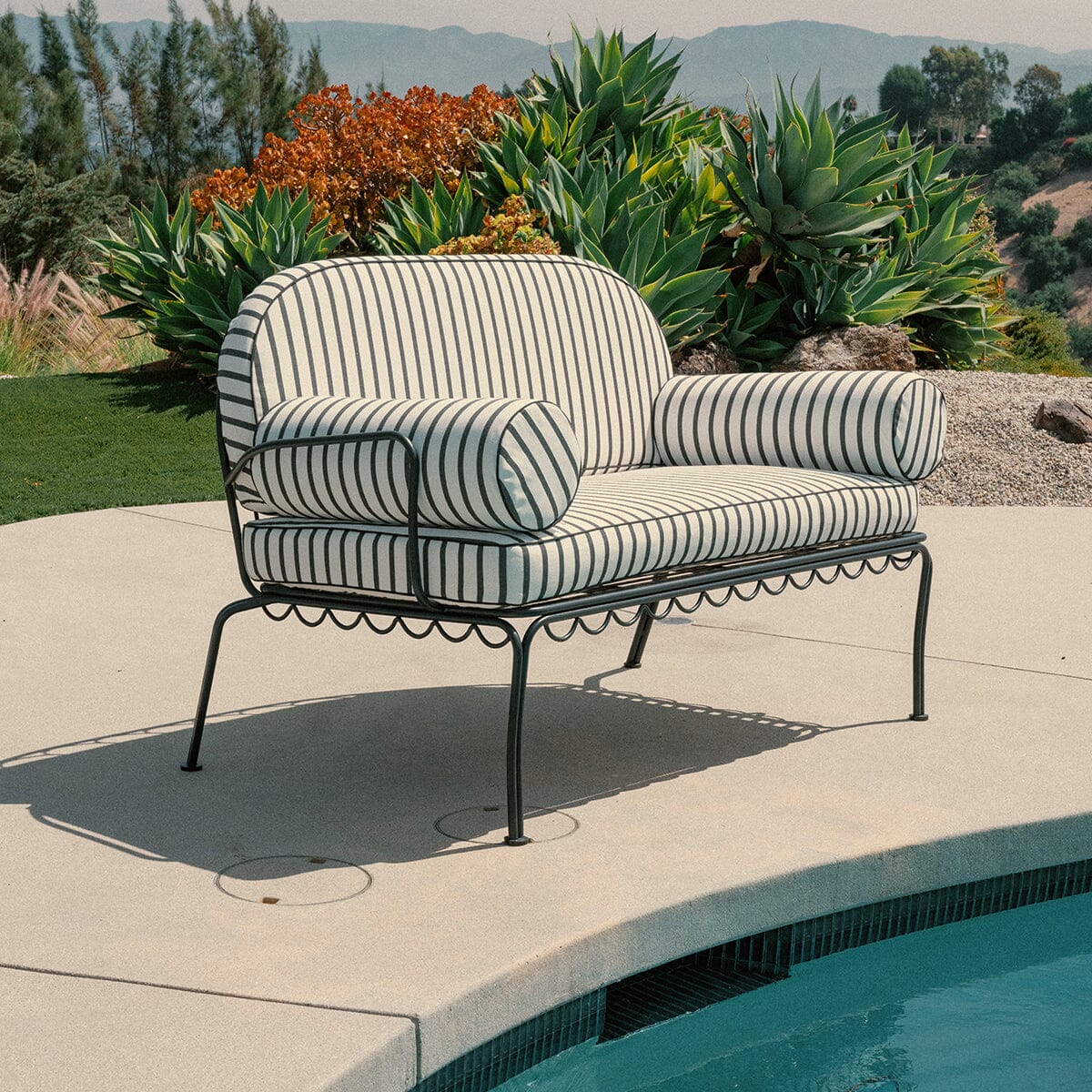 The Al Fresco Love Seat in Monaco Black Stripe | Vintage Black Frame Bundle Business & Pleasure Co. 