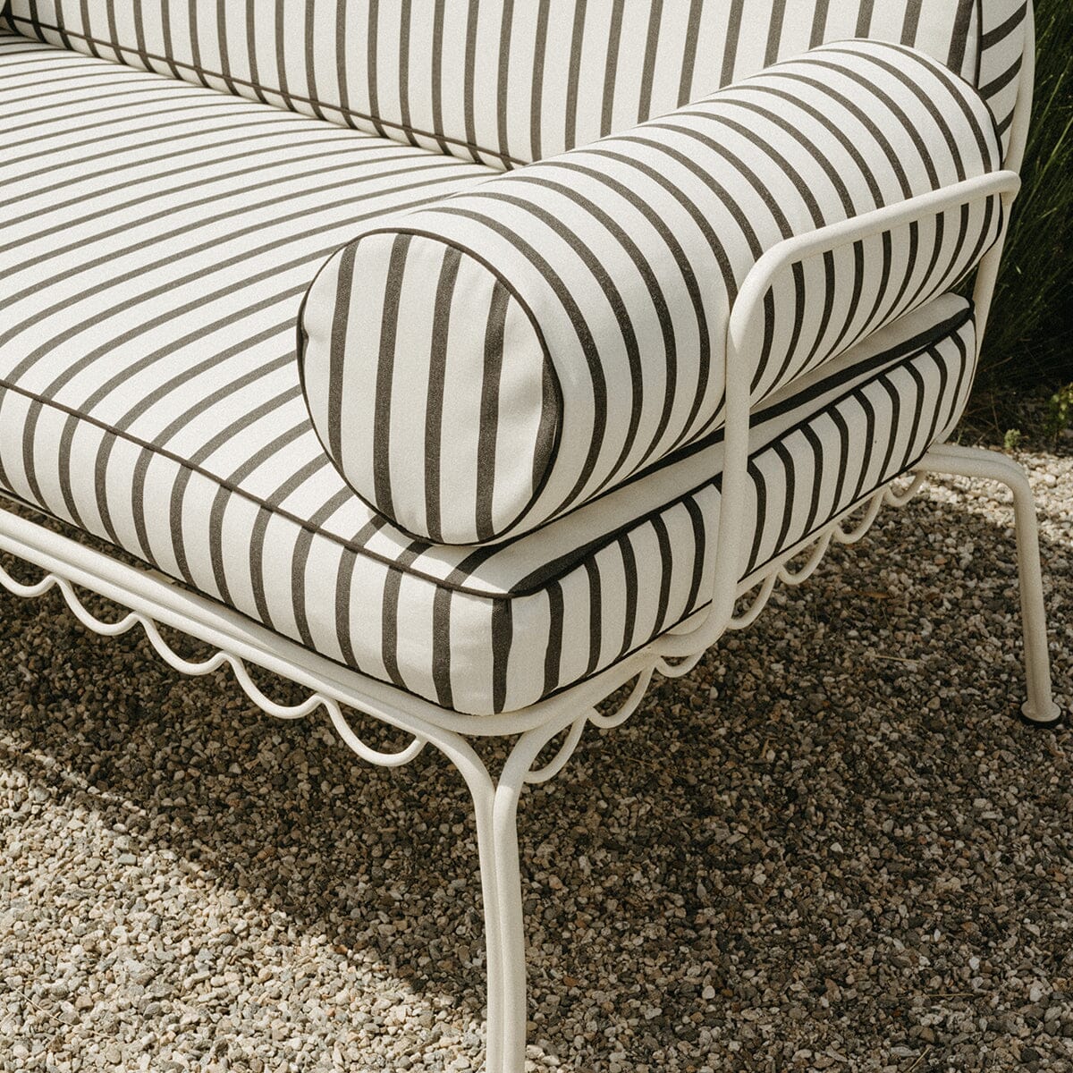 The Al Fresco Love Seat in Monaco Black Stripe | Antique White Frame Bundle Business & Pleasure Co. 