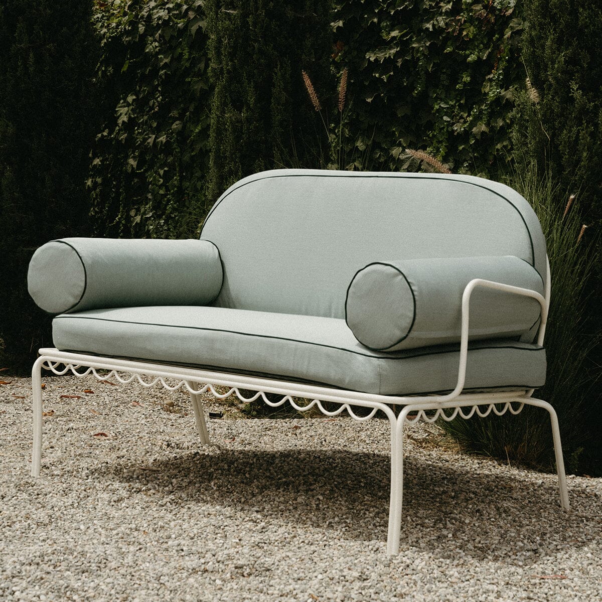 The Al Fresco Love Seat in Rivie Green | Antique White Frame Bundle Business & Pleasure Co. 