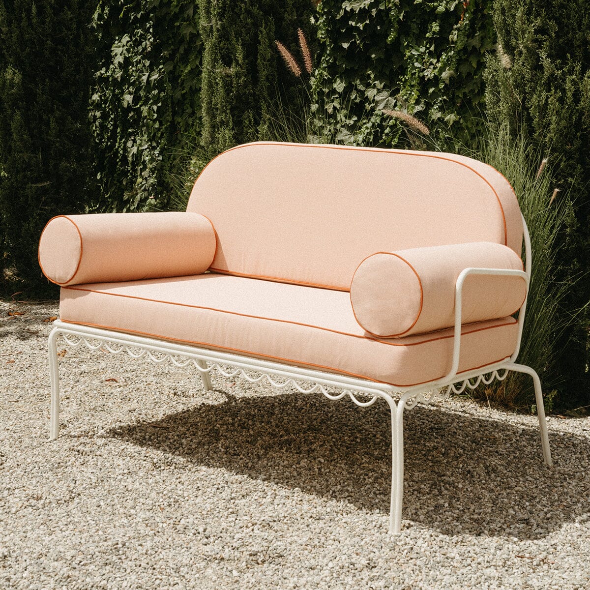 The Al Fresco Love Seat in Rivie Pink | Antique White Frame Bundle Business & Pleasure Co. 