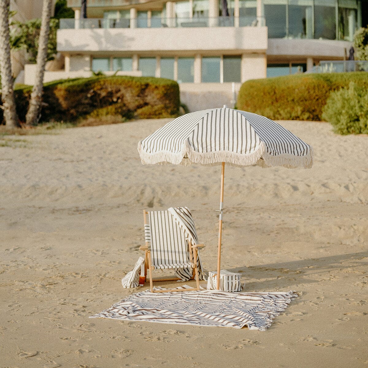 black and sand striped patio umbrella Business & Pleasure Premium Umbrella