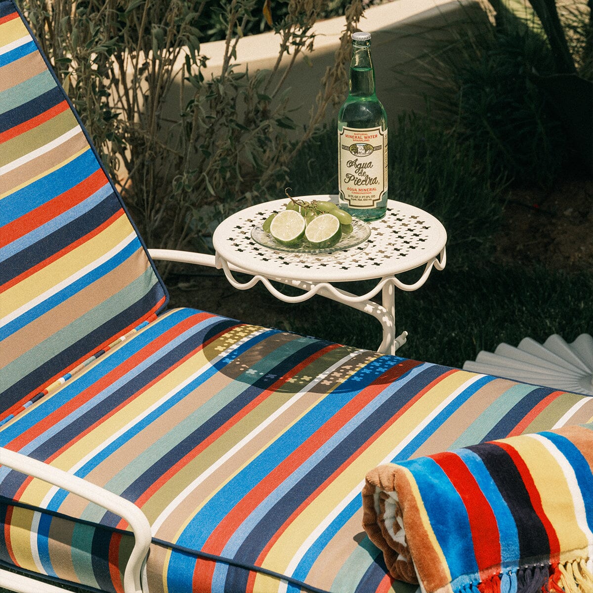 The Al Fresco Sun Lounger in Market Stripe | Antique White Frame Bundle Business & Pleasure Co. 