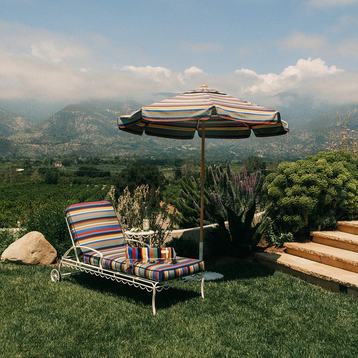The Al Fresco Sun Lounger in Market Stripe | Antique White Frame Bundle Business & Pleasure Co. 