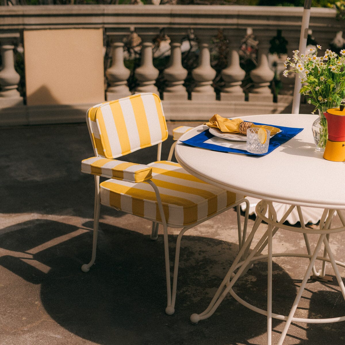 The Waterhouse Dining Chair in Crew Mimosa Yellow Stripe | Antique White Frame Bundle Business & Pleasure Co. 
