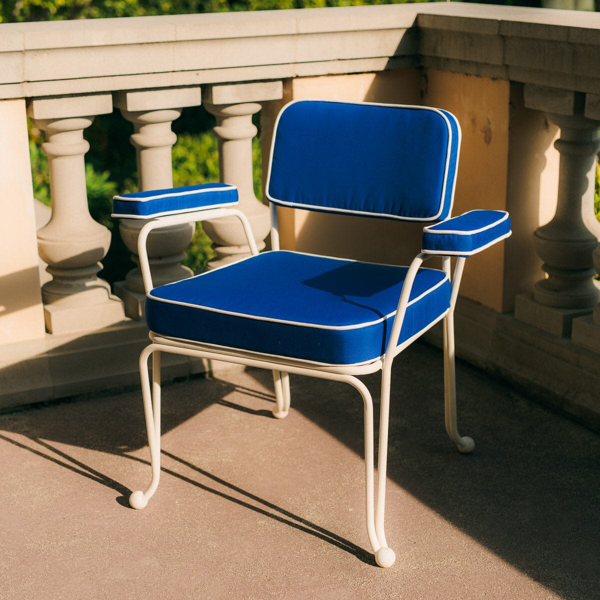 The Waterhouse Dining Chair in Rivie Mediterranean Blue | Antique White Frame Bundle Business & Pleasure Co. 