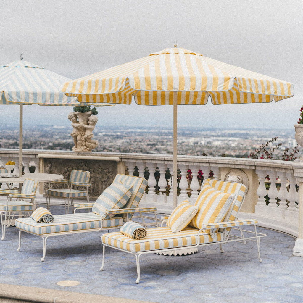 The Waterhouse Sun Lounger in Tuuli Stripe Yellow | Antique White Frame Bundle Business & Pleasure Co. 
