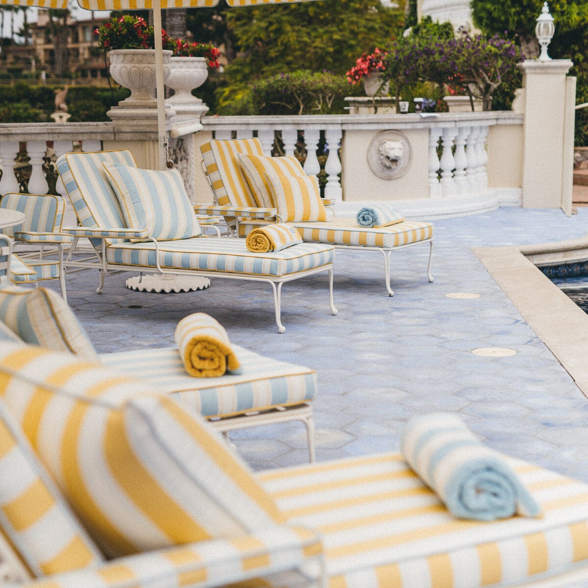 The Waterhouse Sun Lounger in Tuuli Stripe Yellow | Antique White Frame Bundle Business & Pleasure Co. 