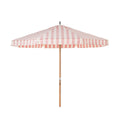 Pink and white striped patio umbrella on a white background