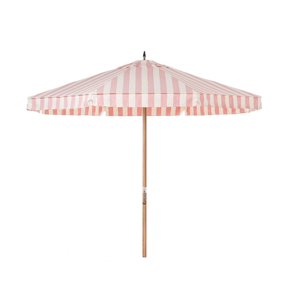 Product image of Pink and white striped patio umbrella on a white background