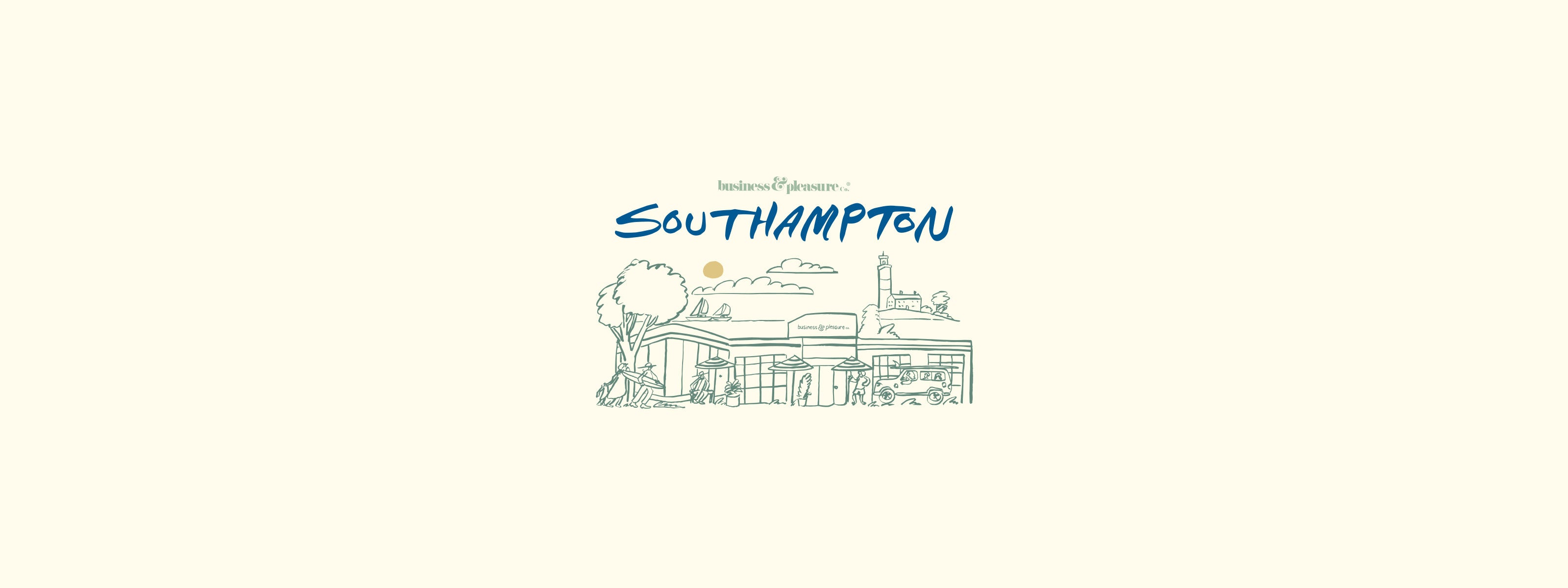 Logo of Southampton store with a stylized illustration of a cityscape on a light yellow background