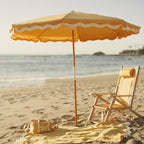 Riviera mimosa beach set up with umbrella, chair, blanket and cooler