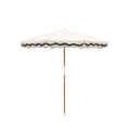 White beach umbrella with dark navy trim on a white background