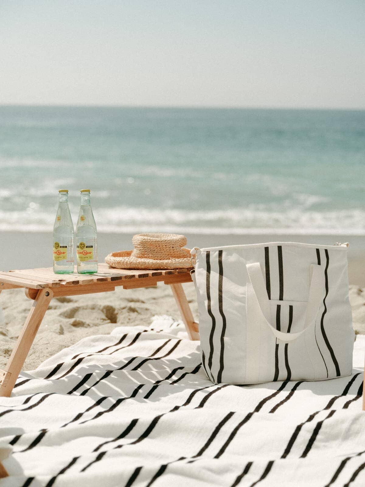 Beach picnic wit black two stripe cooler bag, table and blanket