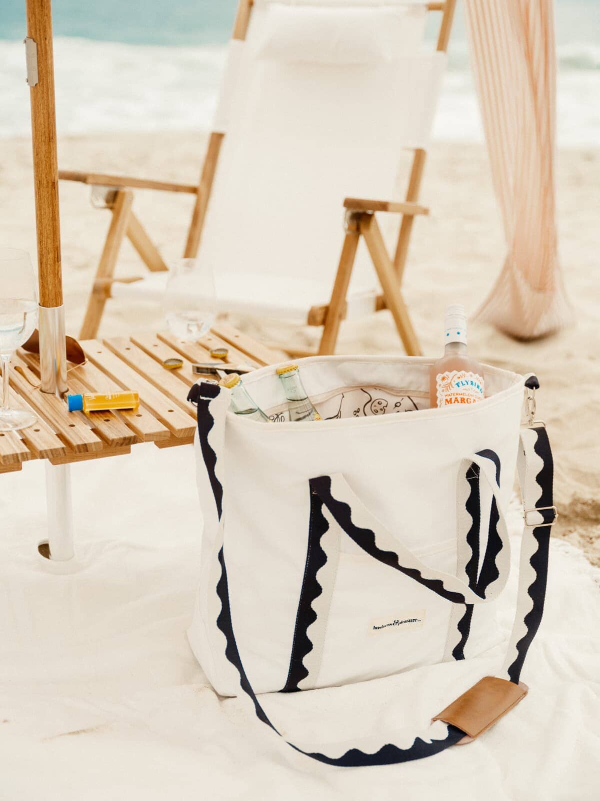 Riviera white cooler tote on the beach