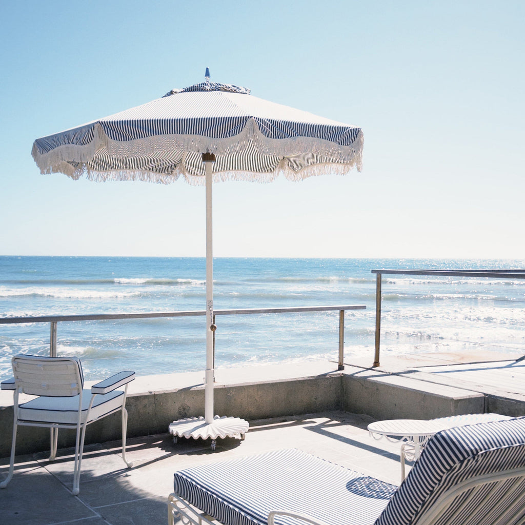 The Resort Market Umbrella in Lauren's Navy Stripe | 8' Antique White Frame Resort Market Bundle Business & Pleasure Co. 