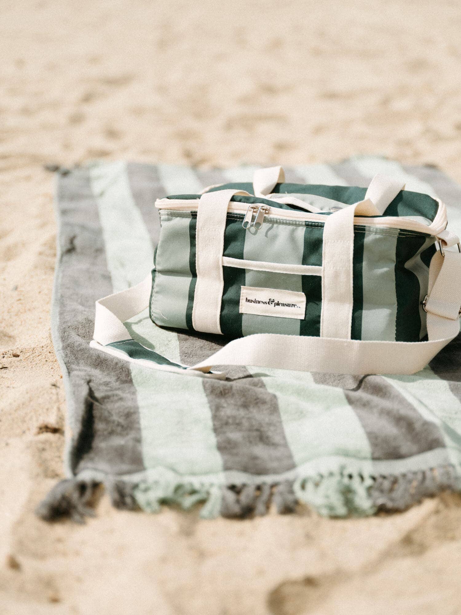70s panel green cooler and towel on the beach