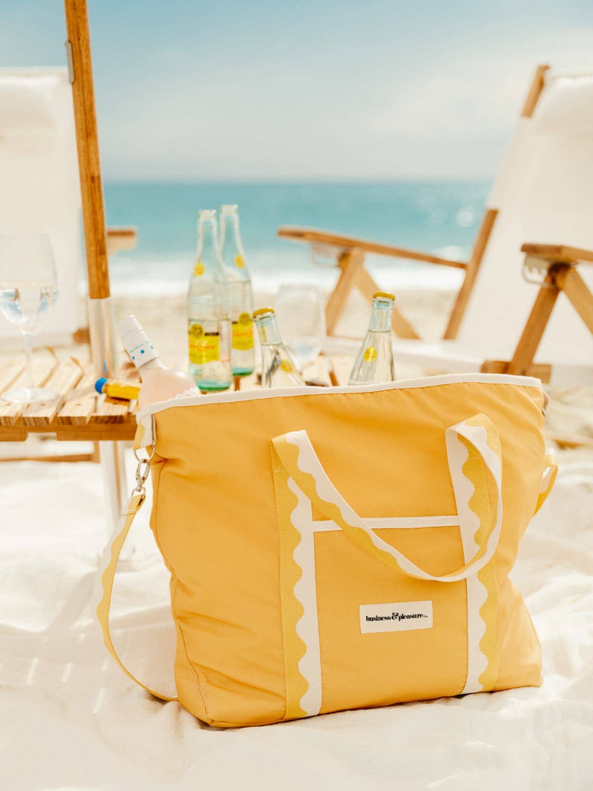 Riviera mimosa cooler tote on the beach