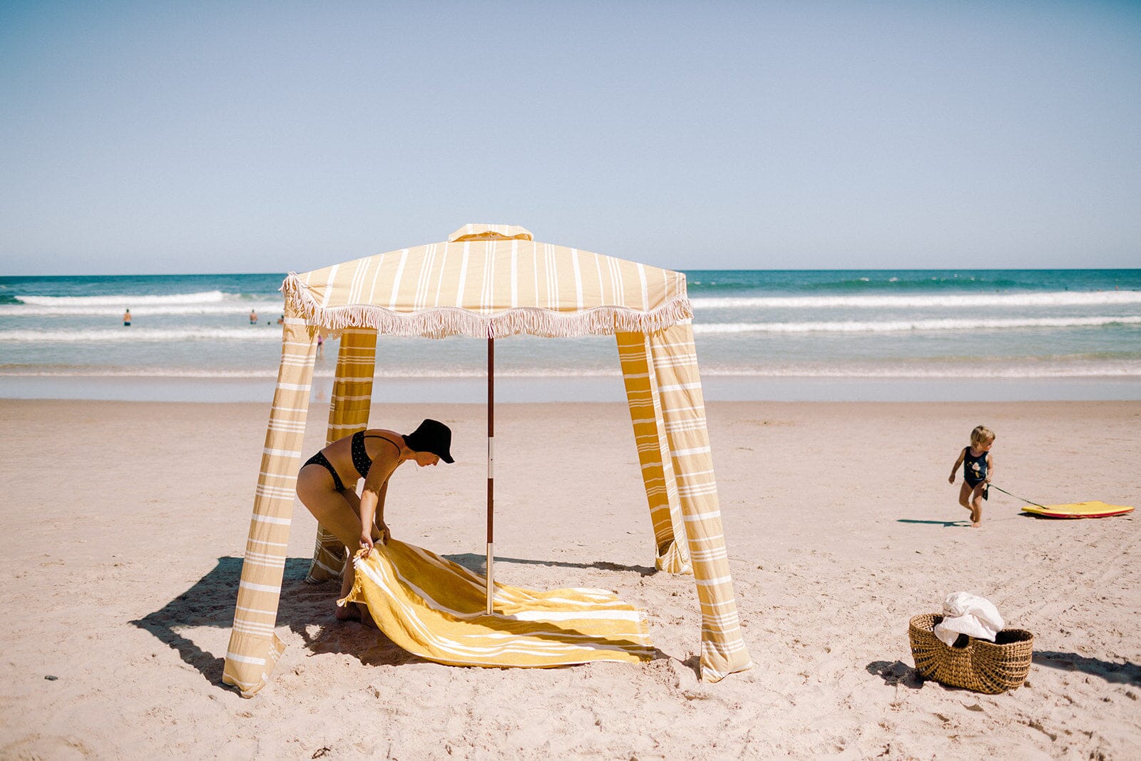 The Beach Blanket - Vintage Yellow Stripe Beach Blanket Business & Pleasure Co 