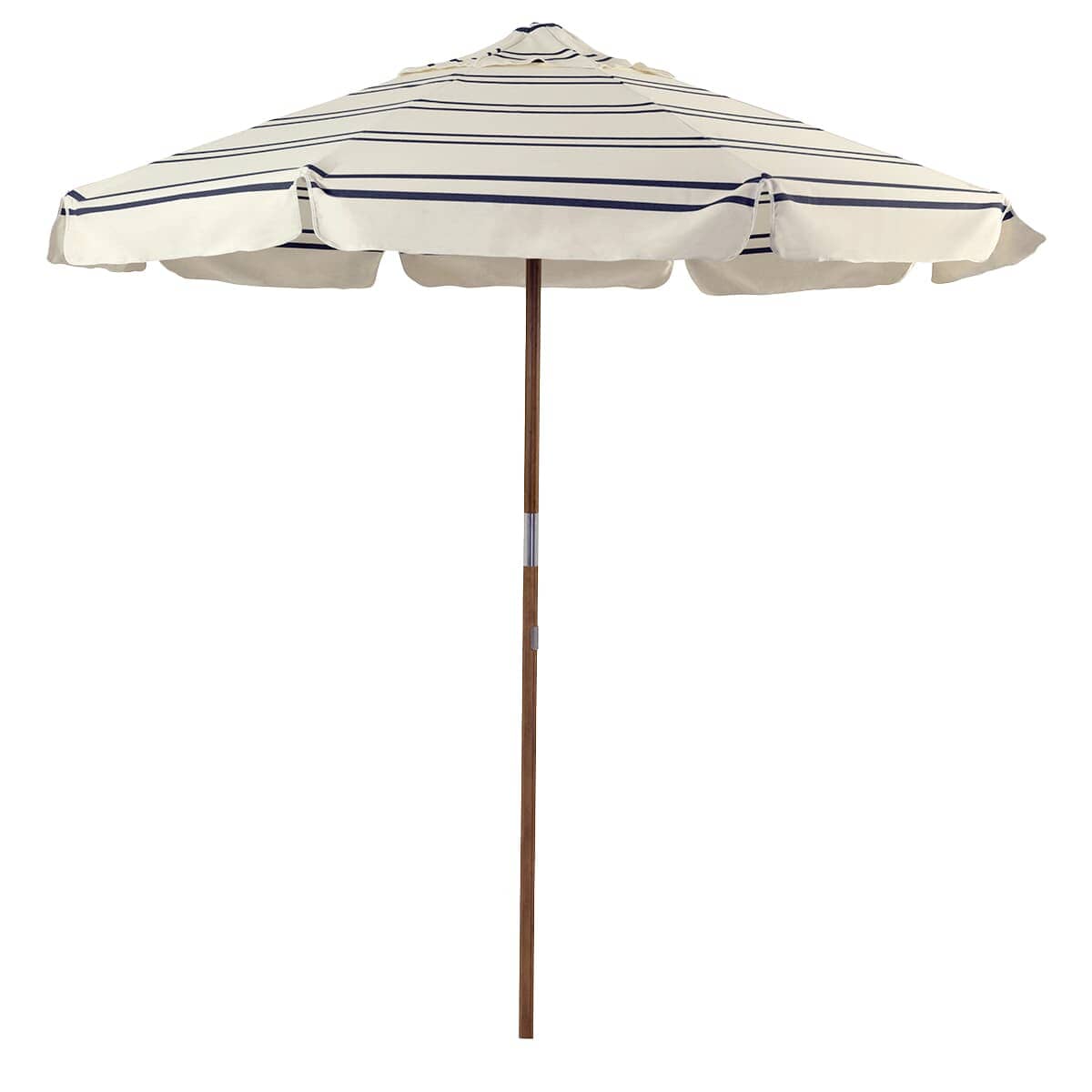 Malibu Black Stripe Market Umbrella in a studio