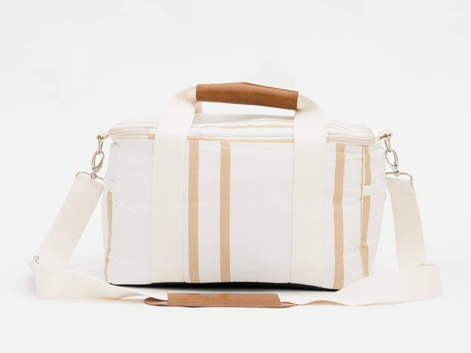 studio image of sand two stripe premium cooler bag
