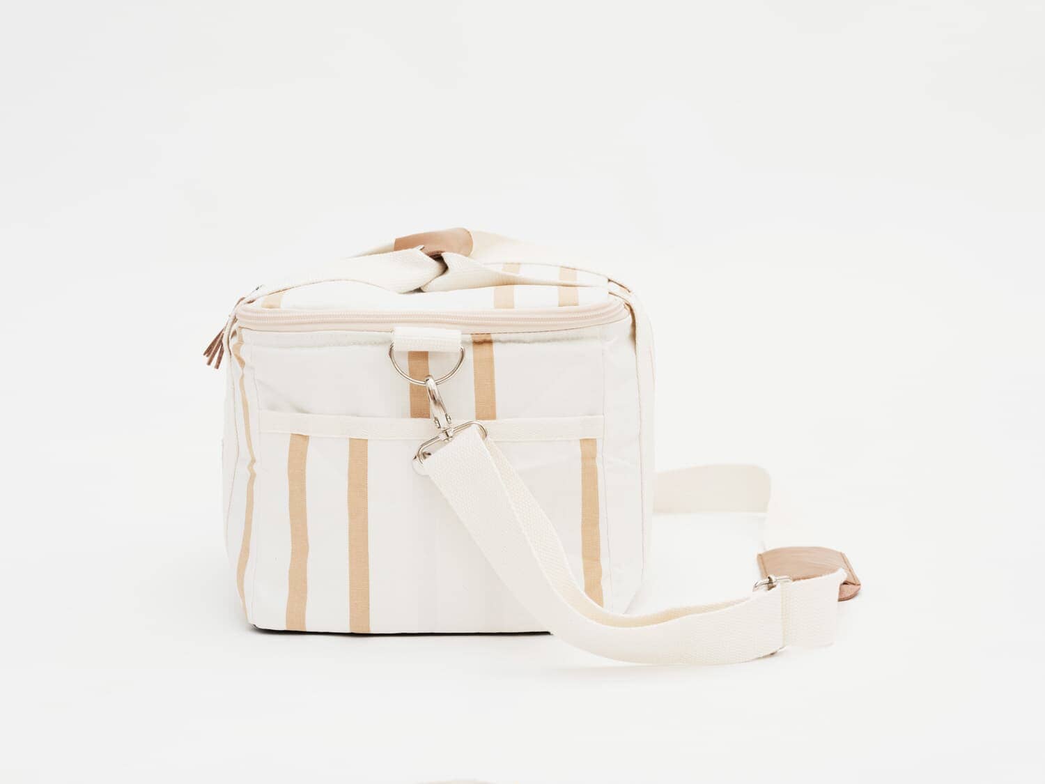 studio image of sand two stripe premium cooler bag