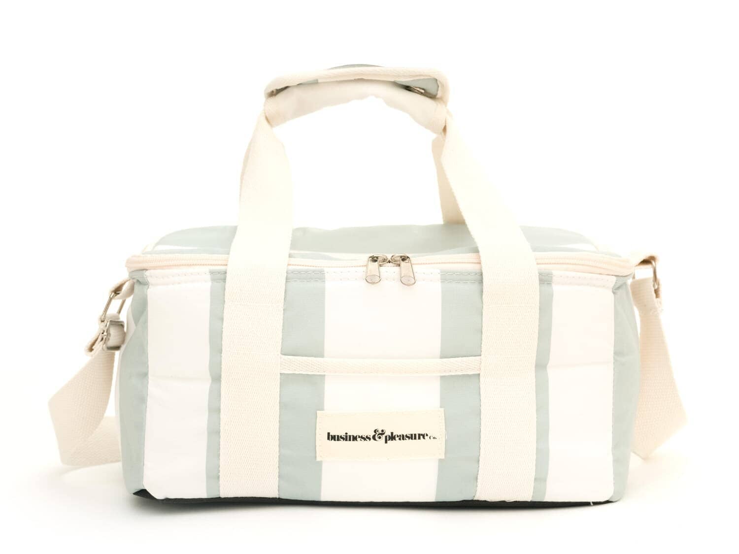 studio image of sage capri stripe holiday cooler bag