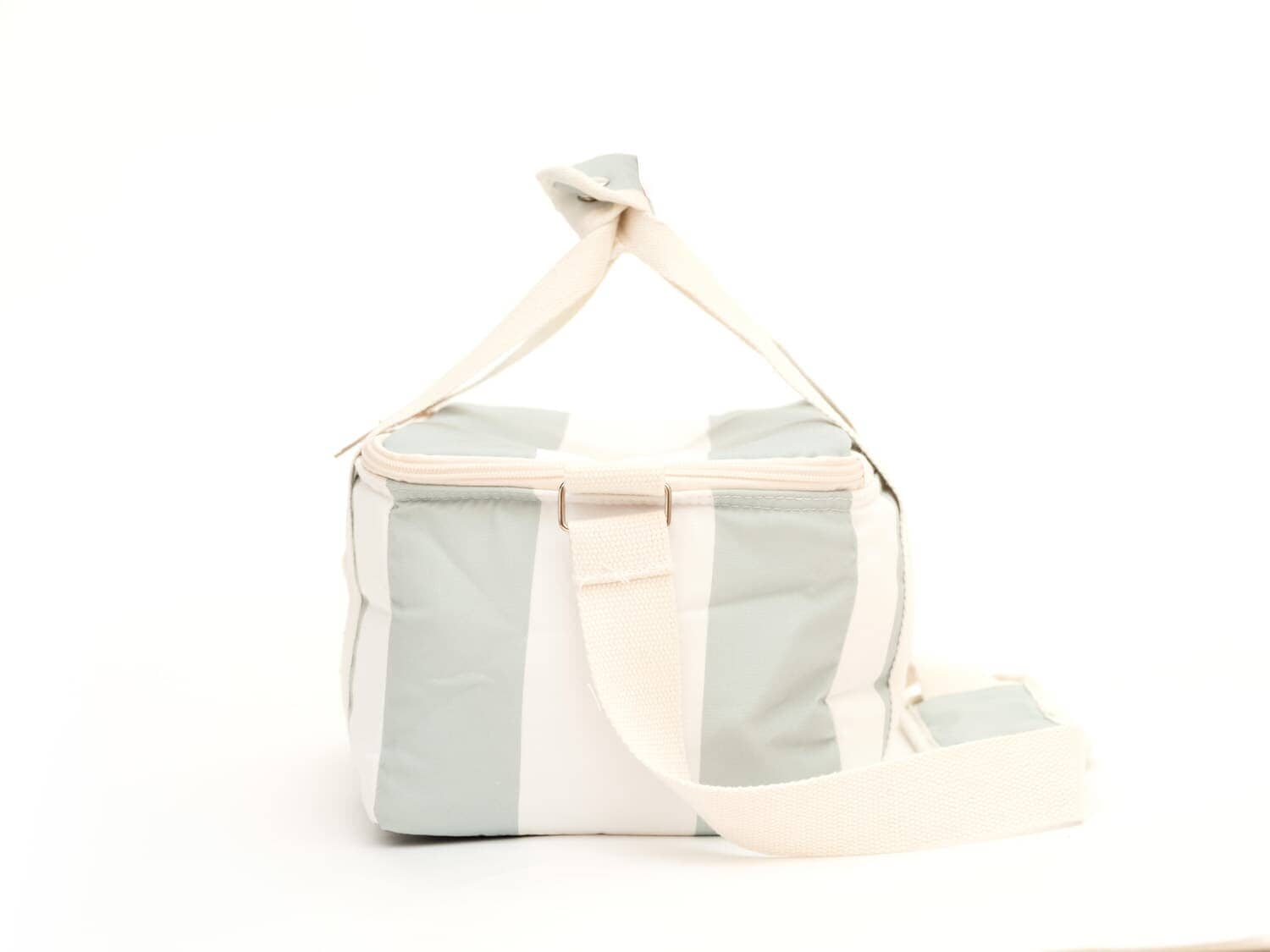 studio image of side of sage capri stripe holiday cooler bag