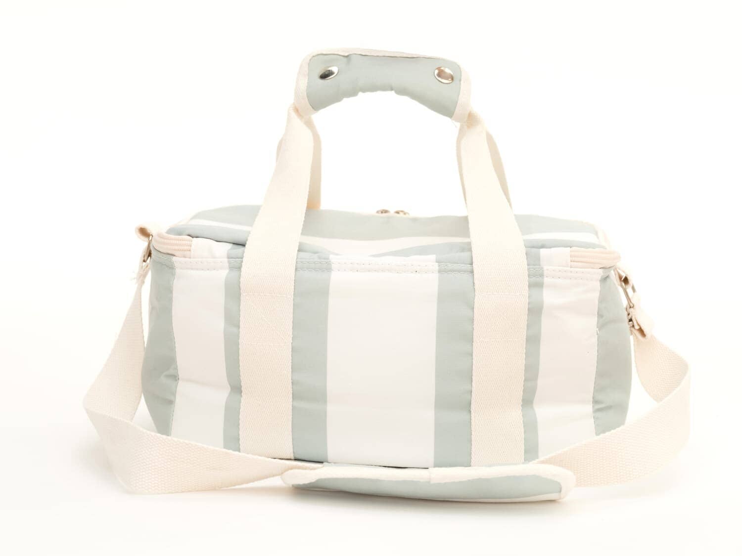 studio image of back of sage capri stripe holiday cooler bag